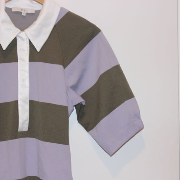NEW Tibi Mini Dress Women's XS Green Purple Striped Short Sleeve Shirt Dress - Picture 8 of 16